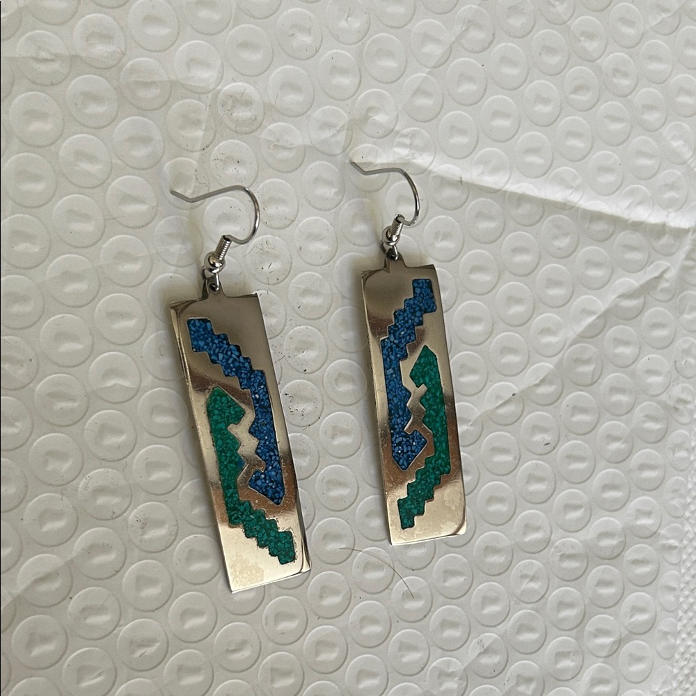 Vintage Inlay Turquoise & Silver Earrings